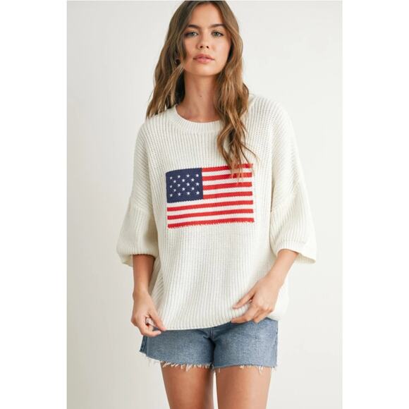 American Flag Knit Sweater Sz M NWT Half Sleeve KLD Signature MSRP $65 - Picture 1 of 8
